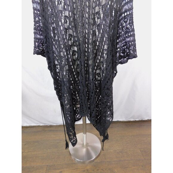 Crochet Poncho Womens One Size Black Boho Open Knit Tassel Hem Cover Up Beach - Picture 3 of 11